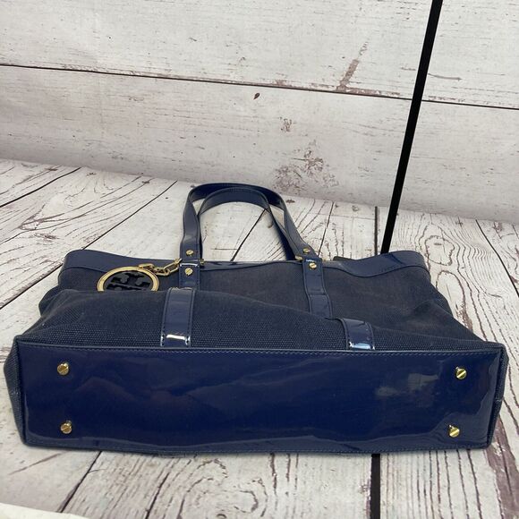 Tory Burch Canvas Jane Tote Shoulder Bag Beach‎ Navy Blue Double Straps Travel - Picture 6 of 14